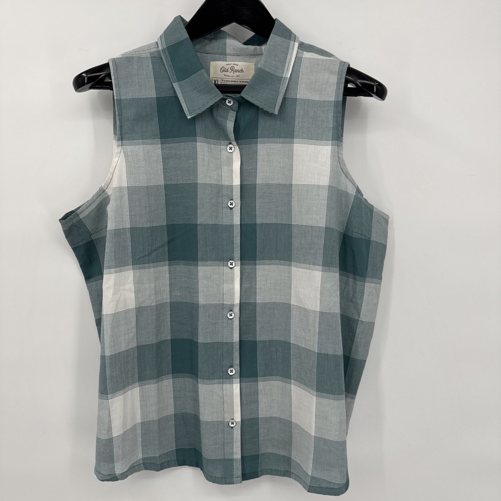 Old Ranch Brands Teal White Plaid Organic Cotton Tank Top Button Down Shirt XL - Picture 1 of 11